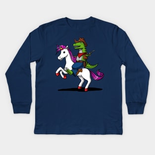 T-Rex Dinosaur Cowboy Riding Magical Unicorn Kids Long Sleeve T-Shirt